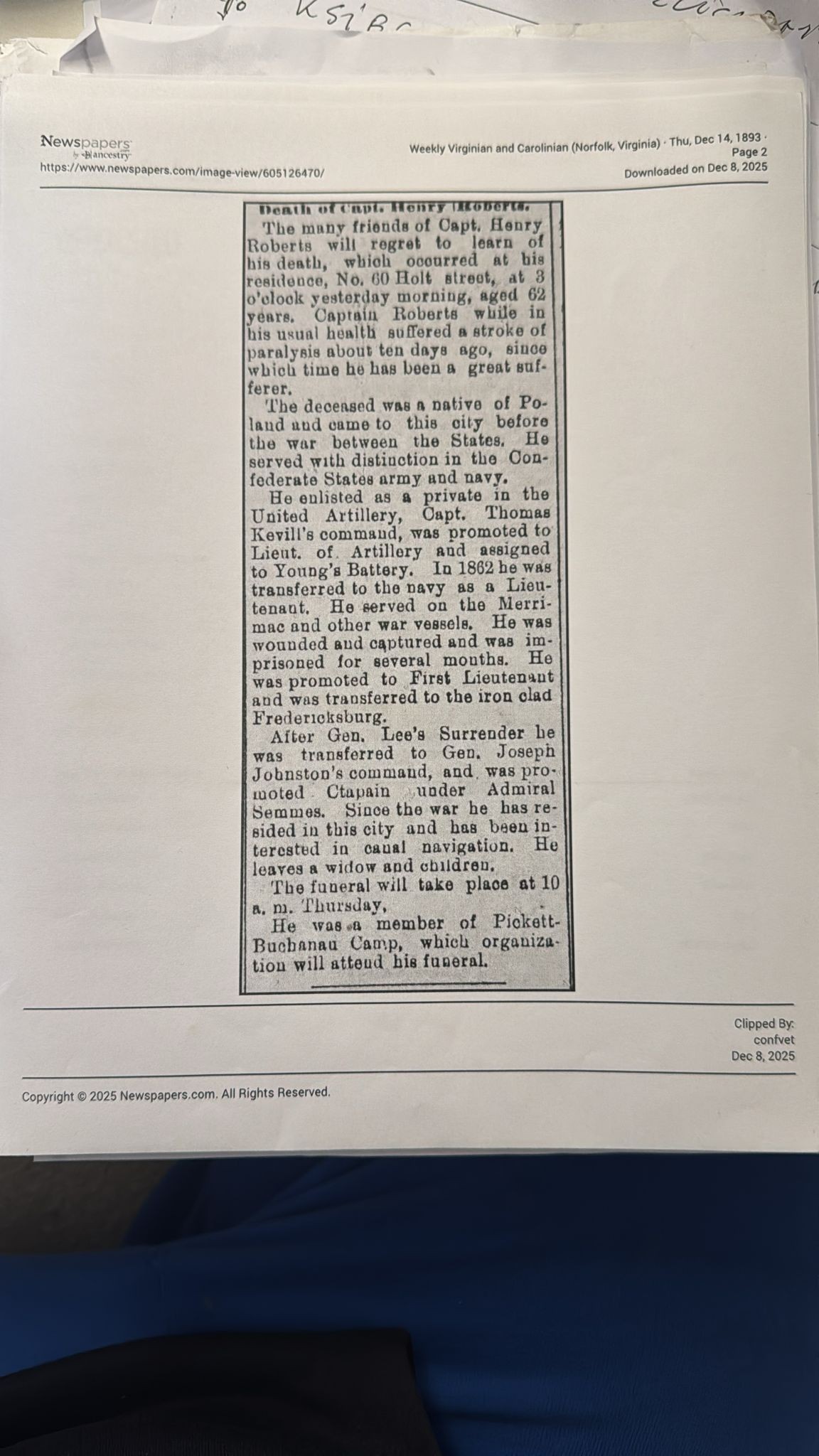 Nekrolog Weekly Virginia and Carolinian (norfolk Virginia) z dnia 14 grudnia 1893 (dzien po pogrzebie).jpeg