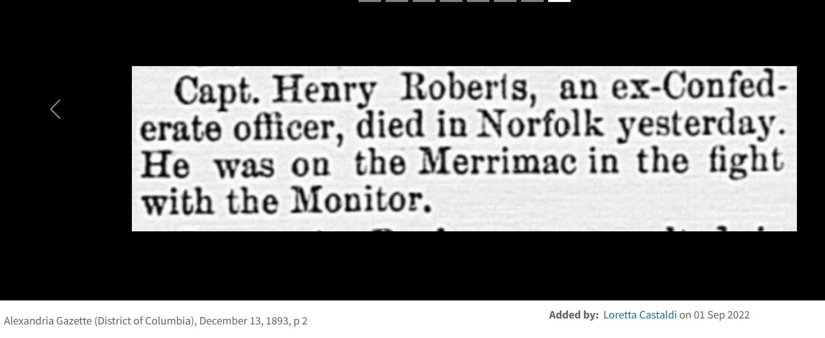 Alexandria Gazette (DISTRICT of COLUMBIA),Decemeber 13 ,1893, p2  Nekrolog w ktorym jest walka Robertsa na CCS Virginia z Monitorem .png