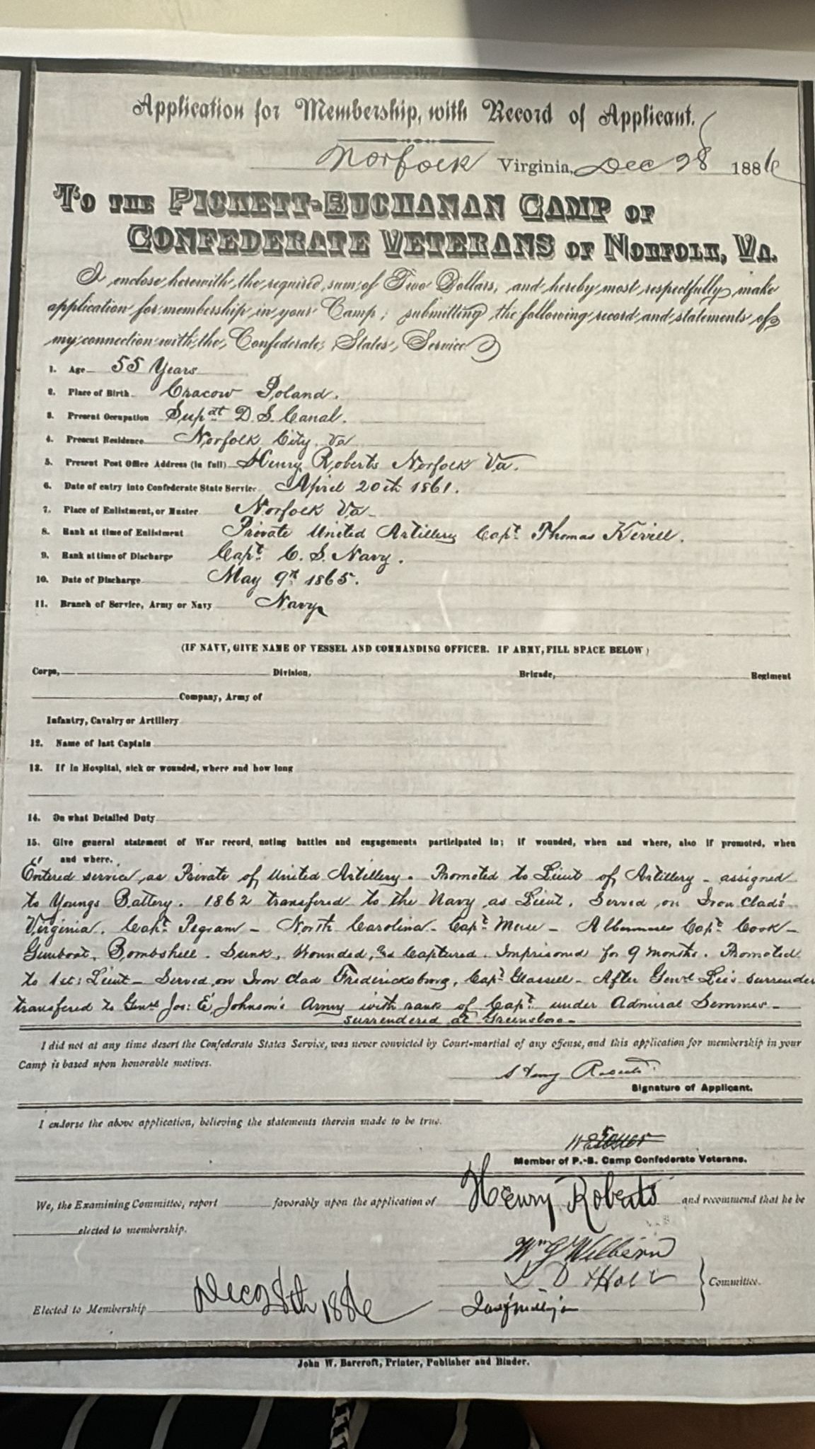 Bardziej dokladne kopia Podania Kapitana Robertsa o przyjecie do Prestizowego obozu Weteranow Konfederacji  Pickett-Buchanan Camp .jpeg